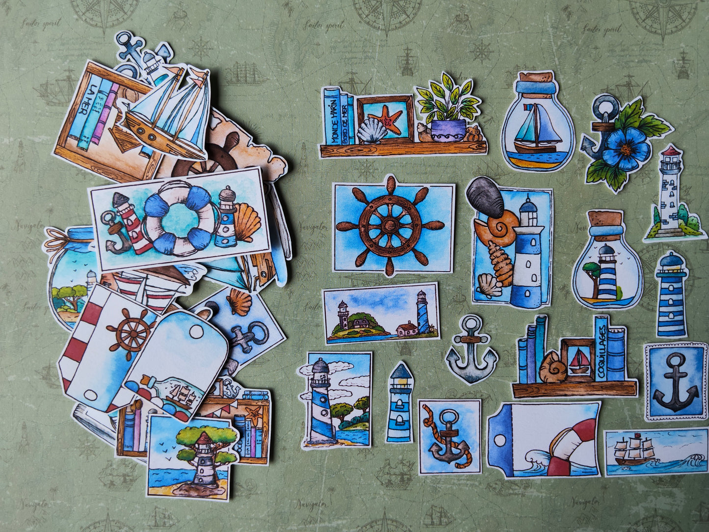 Stickers bord de mer – Lot de 40 autocollants marins à l’aquarelle - Thème océan, phares et bateaux