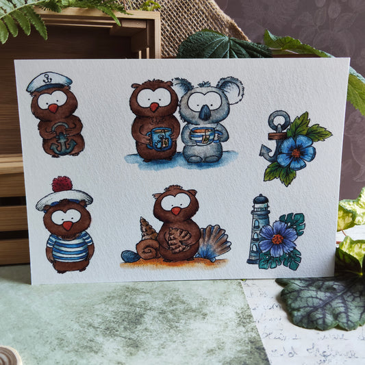 Affiche A5 Animaux Marins Mignons – Hiboux, Koala & Phare