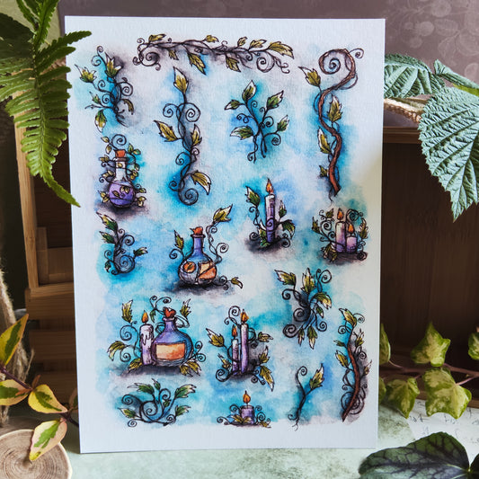 Affiche A5 Potions & Bougies – Ambiance Bleue Féérique