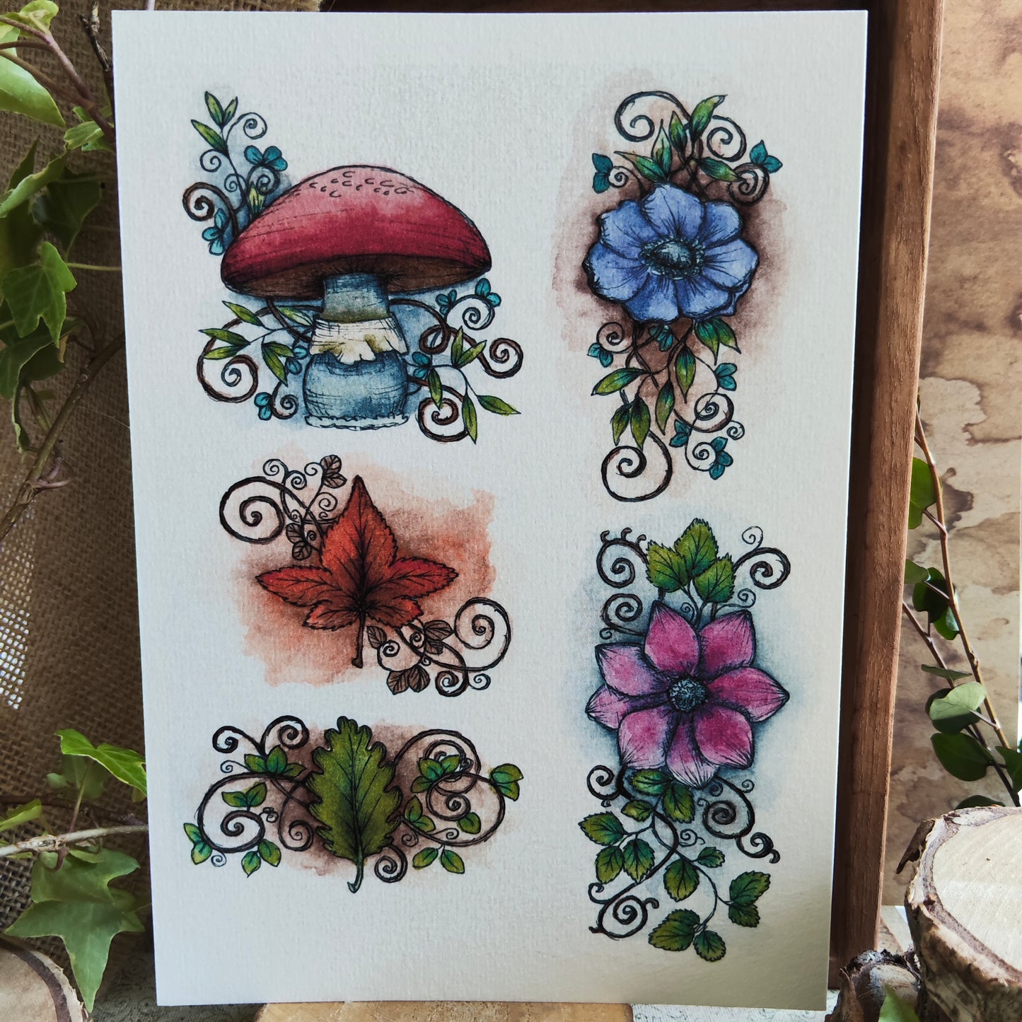 Affiche A5 Champignons et Fleurs Magiques – Illustration Nature Enchantée à l’Aquarelle