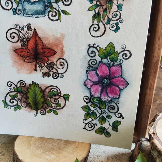 Affiche A5 Champignons et Fleurs Magiques – Illustration Nature Enchantée à l’Aquarelle
