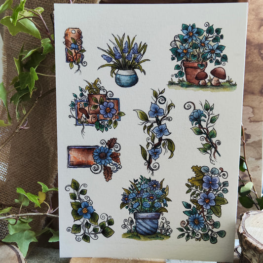 Affiche A5 – Balcons fleuris – Pots de fleurs et ambiance estivale - Combo Bleu