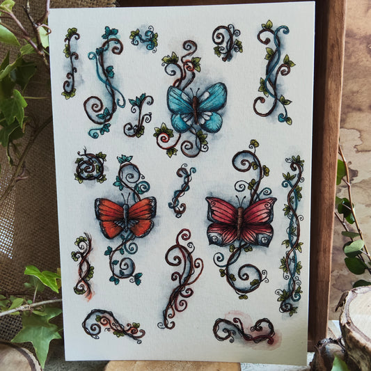 Affiche A5 Papillons & Volutes – Illustration Élégante et Fantaisie, Motifs Ornementaux à l’Aquarelle