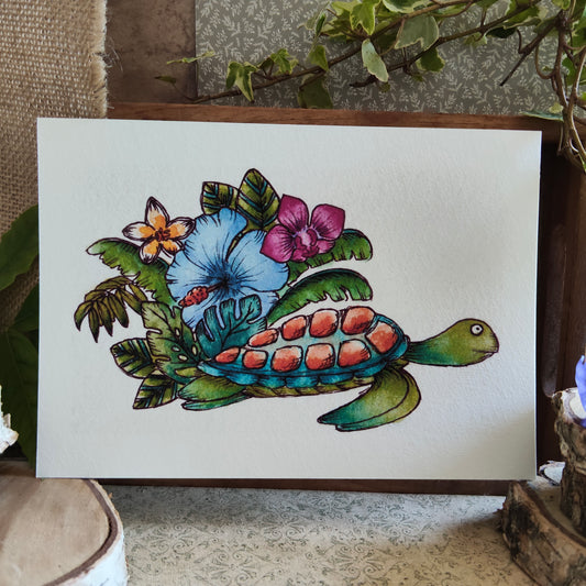 Affiche Aquarelle "Tortue Marine Fleurie Orchidée Monstera" - Illustration Fantaisie et Nature