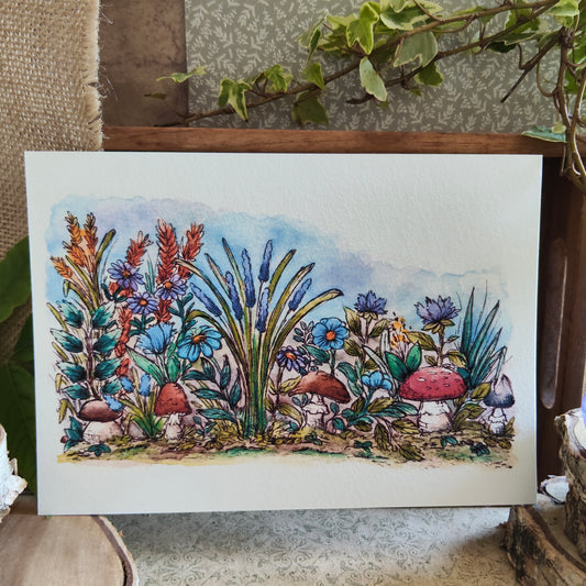 Affiche Aquarelle "Forêt de Champignons et Plantes Sauvages" - Illustration Nature Mystique