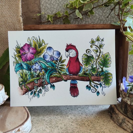 Affiche A5 Oiseau Tropical Perroquet Ara – Illustration Colorée à l’Aquarelle, Nature Exotique