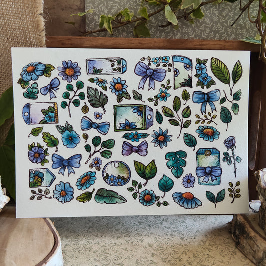 Affiche A5 Nœud Feuilles et Fleurs Bleues – Illustration Aquarelle Nature et Légèreté