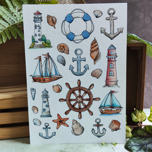 Affiche A5 Ancre, Phare et Bateau – Ambiance Marine