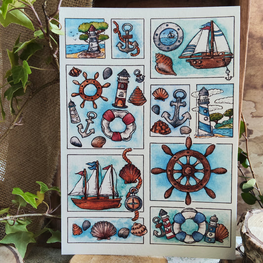 Affiche A5 Marine & Bateaux – Illustration Nautique à l’Aquarelle, Ambiance Océan