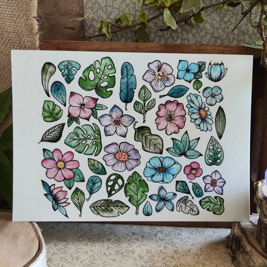 Affiche Aquarelle "Petits Feuillages et Fleurs" - Illustration Nature Ornementale
