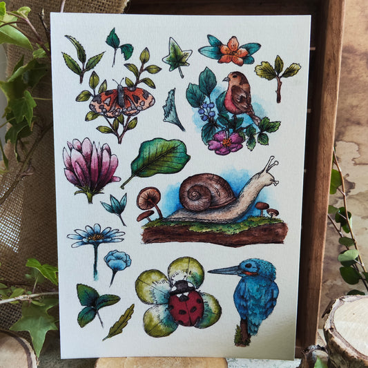 Affiche A5 – Petite vie au jardin – Illustration animaux et fleurs