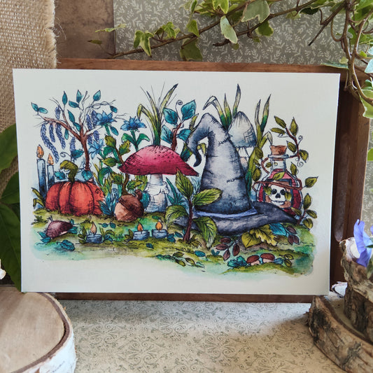 Affiche Aquarelle "Forêt Magique et Chapeau de Sorcière" - Illustration Féérique