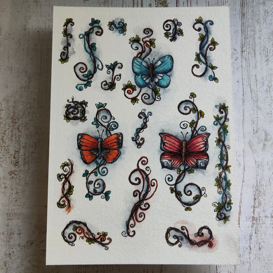 Affiche A5 Papillons & Volutes – Illustration Élégante et Fantaisie, Motifs Ornementaux à l’Aquarelle