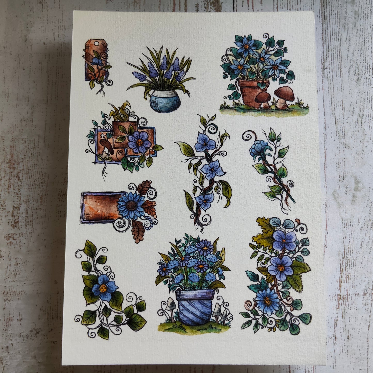 Affiche A5 – Balcons fleuris – Pots de fleurs et ambiance estivale - Combo Bleu