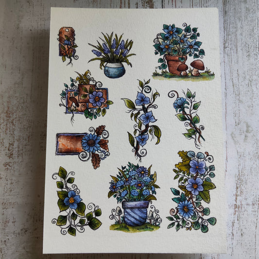 Affiche A5 – Balcons fleuris – Pots de fleurs et ambiance estivale - Combo Bleu