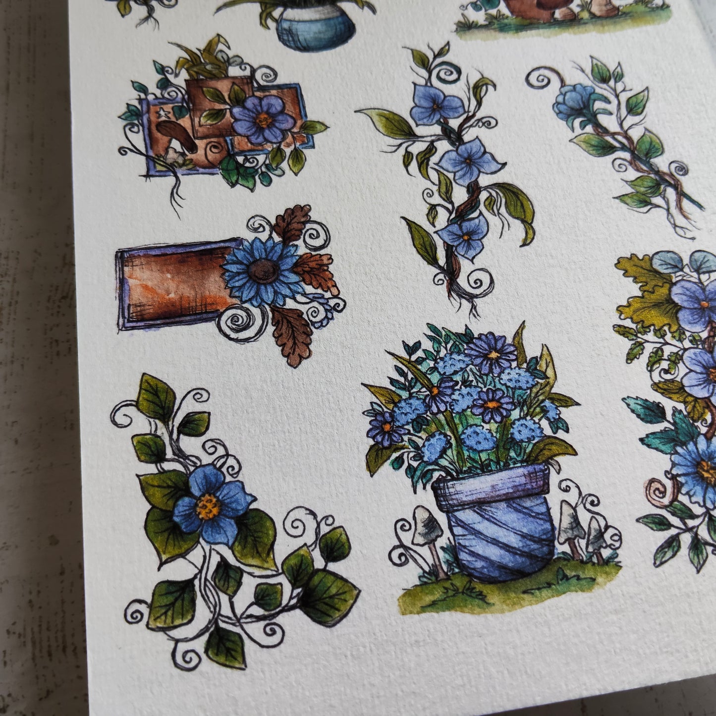 Affiche A5 – Balcons fleuris – Pots de fleurs et ambiance estivale - Combo Bleu