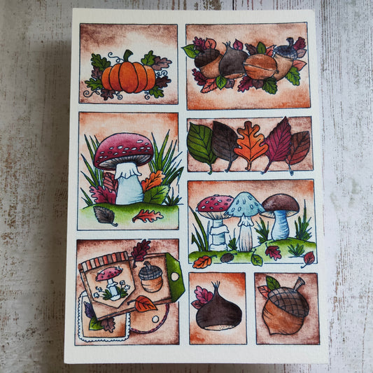 Affiche A5 Saison Automne Feuillage Gland Noix Champignon