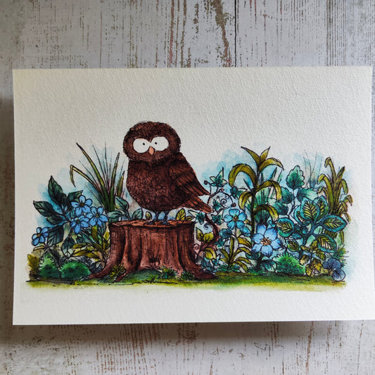 Affiche Aquarelle "Chouette sur Souche" - Illustration Animalière Magique