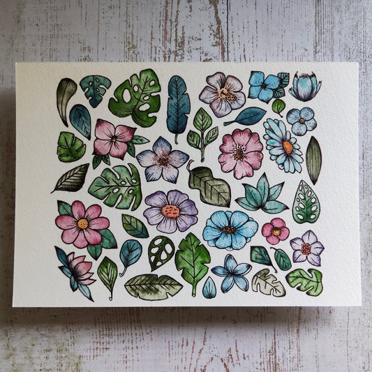 Affiche Aquarelle "Petits Feuillages et Fleurs" - Illustration Nature Ornementale