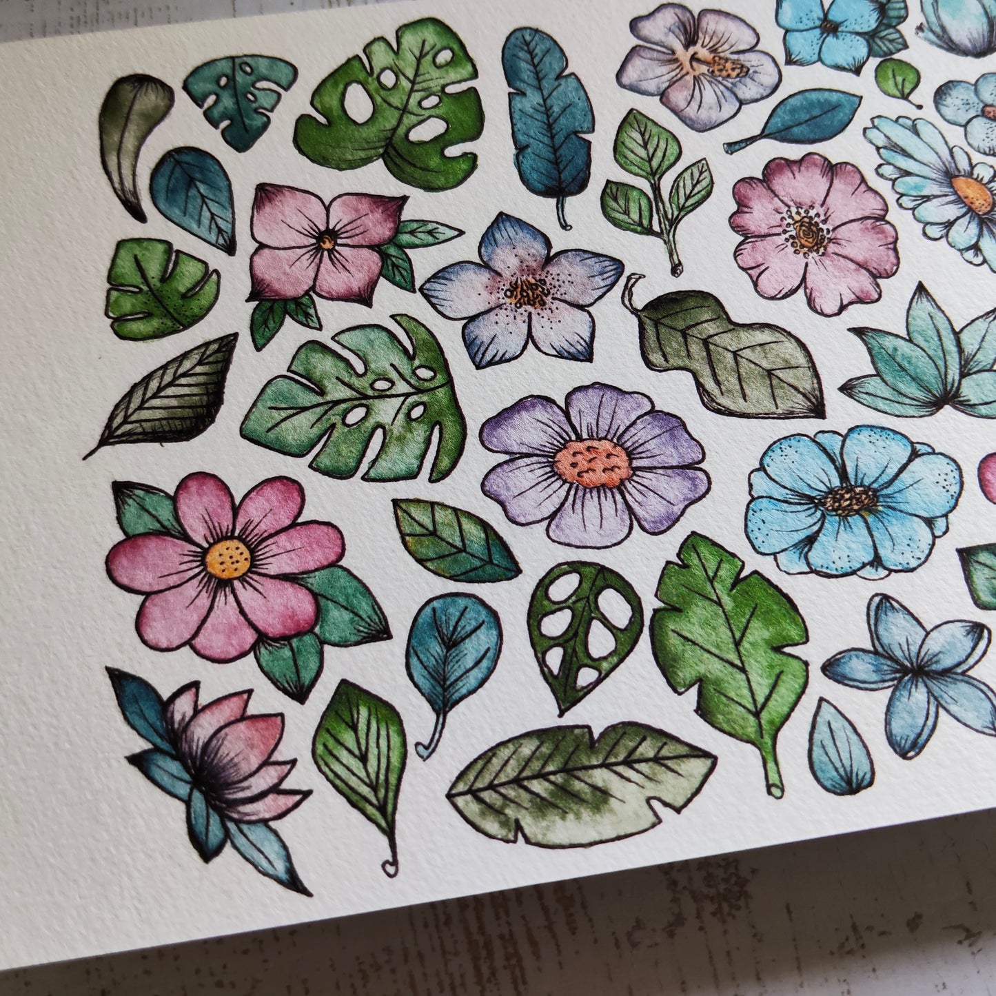 Affiche Aquarelle "Petits Feuillages et Fleurs" - Illustration Nature Ornementale