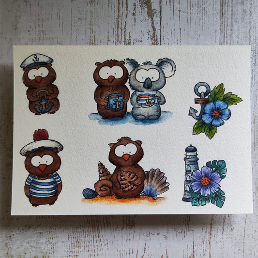 Affiche A5 Animaux Marins Mignons – Hiboux, Koala & Phare