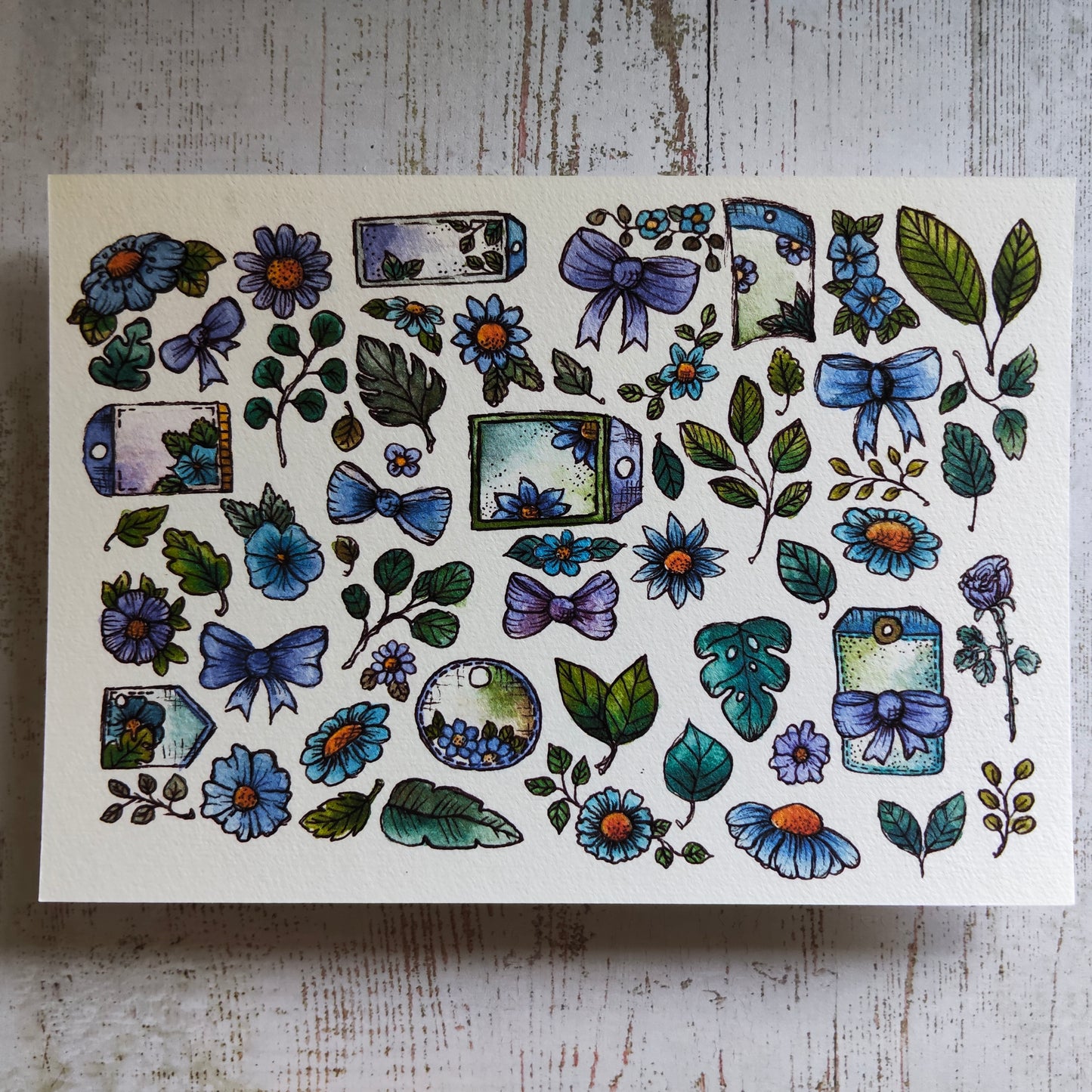 Affiche A5 Nœud Feuilles et Fleurs Bleues – Illustration Aquarelle Nature et Légèreté