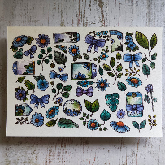 Affiche A5 Nœud Feuilles et Fleurs Bleues – Illustration Aquarelle Nature et Légèreté