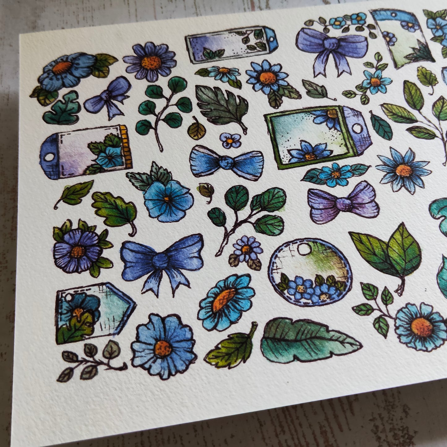 Affiche A5 Nœud Feuilles et Fleurs Bleues – Illustration Aquarelle Nature et Légèreté