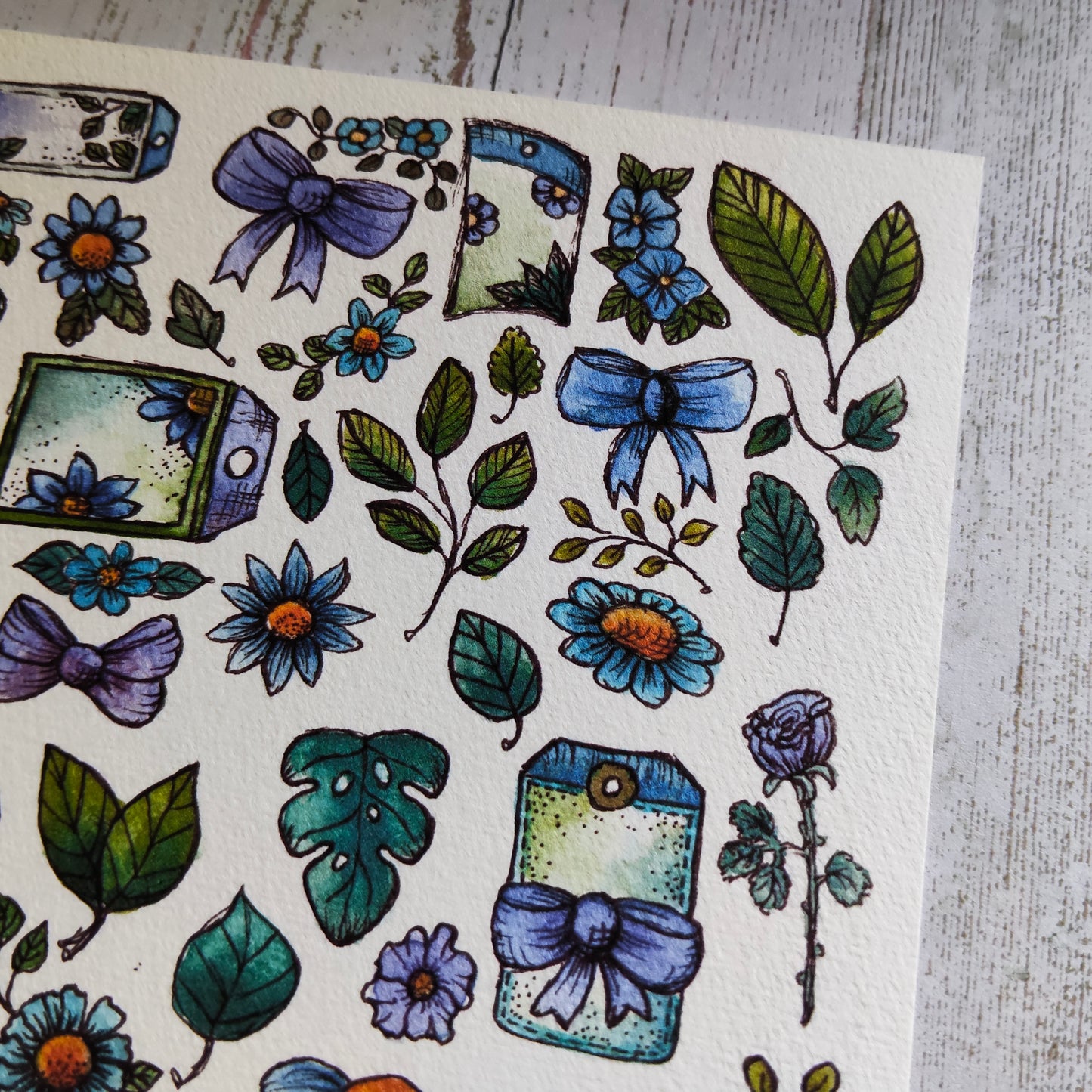 Affiche A5 Nœud Feuilles et Fleurs Bleues – Illustration Aquarelle Nature et Légèreté