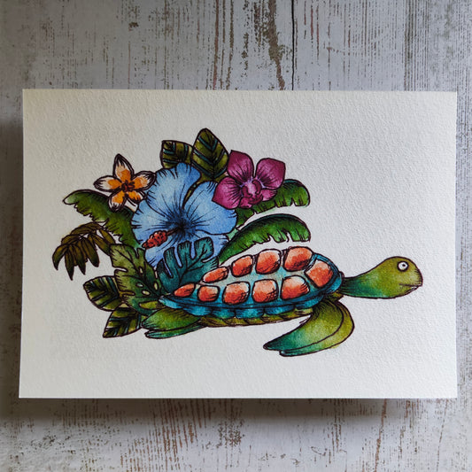 Affiche Aquarelle "Tortue Marine Fleurie Orchidée Monstera" - Illustration Fantaisie et Nature