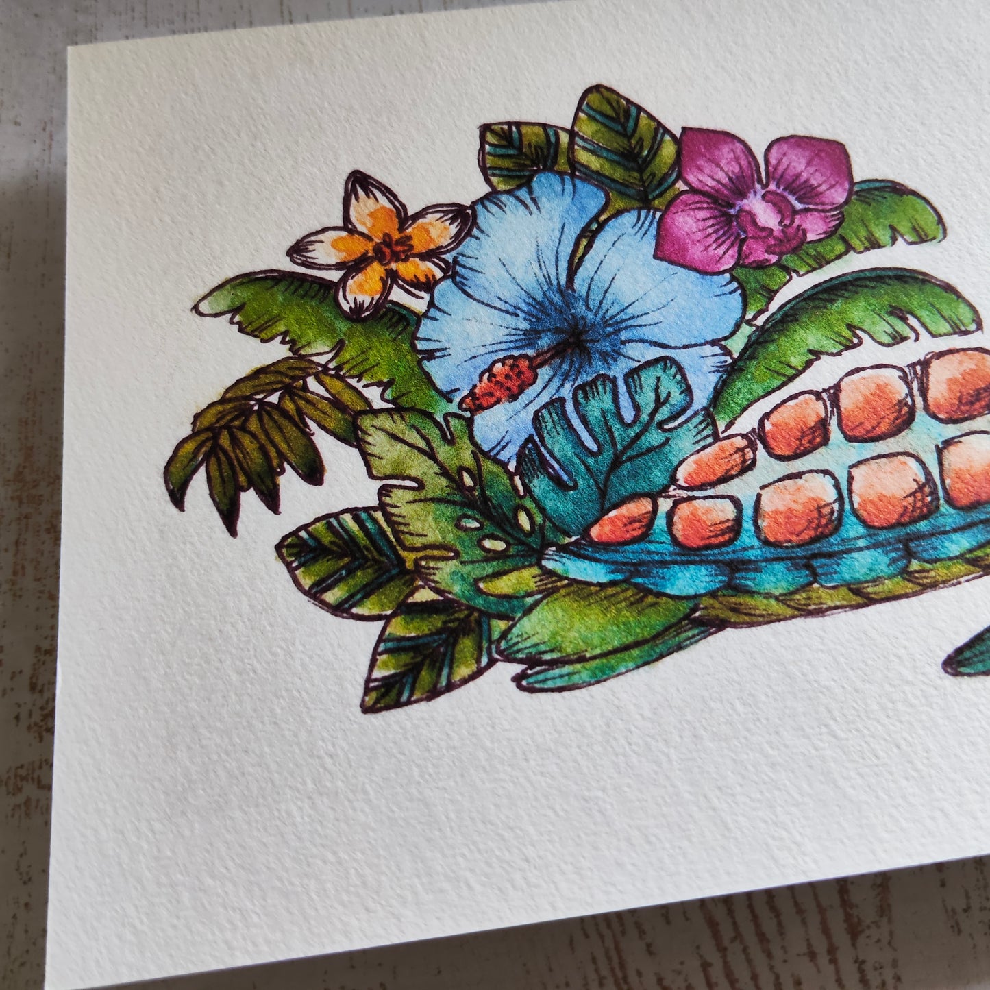 Affiche Aquarelle "Tortue Marine Fleurie Orchidée Monstera" - Illustration Fantaisie et Nature