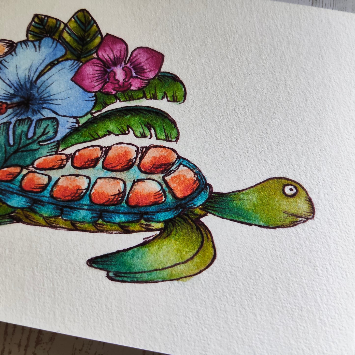 Affiche Aquarelle "Tortue Marine Fleurie Orchidée Monstera" - Illustration Fantaisie et Nature