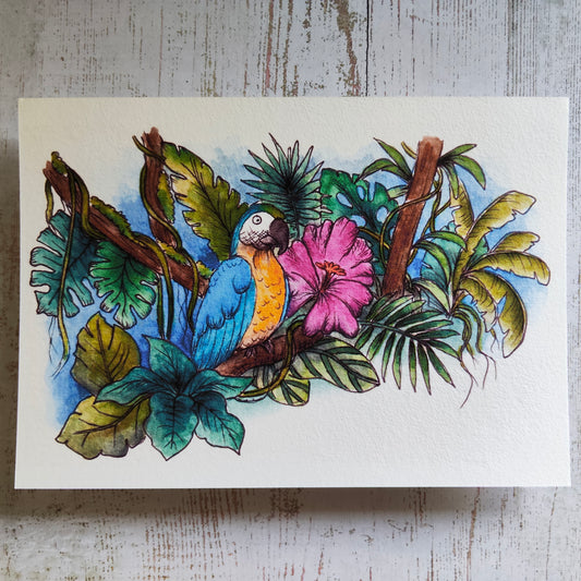 Affiche Saison été Tropicale Animal Oiseau Perroquet Bleu