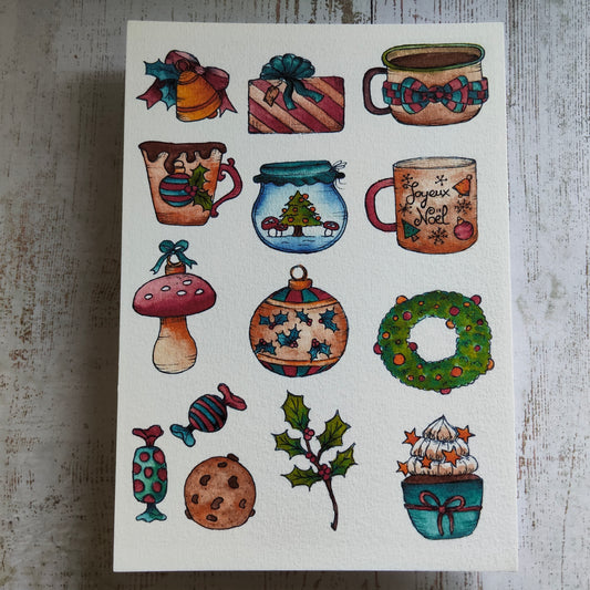 Affiche A5 Motifs de Noël Mug Champignon Ornement Sapin Houx