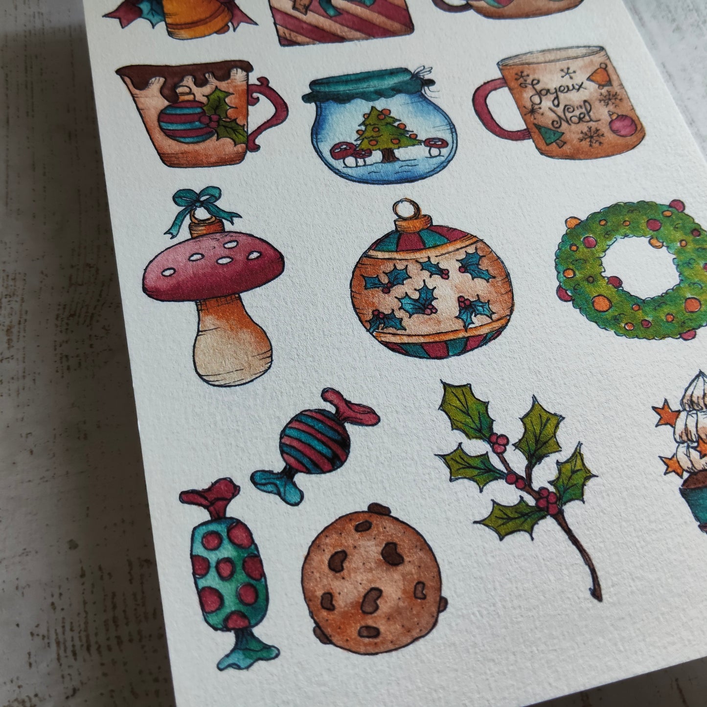 Affiche A5 Motifs de Noël Mug Champignon Ornement Sapin Houx