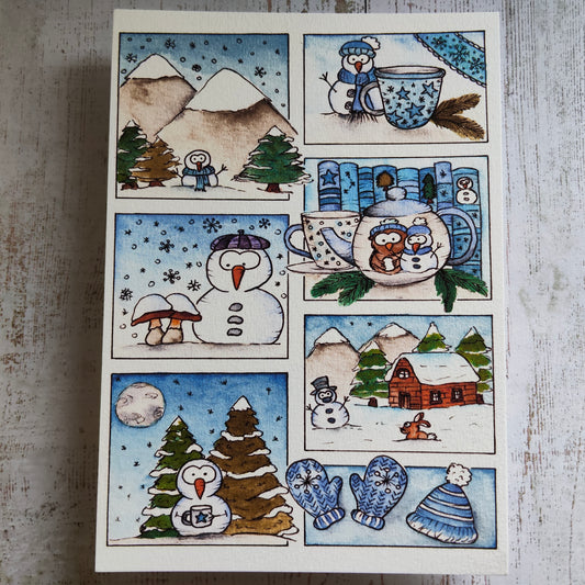 Affiche A5 Saison Hiver Moodboard Bleu Neige Flocon Chalet Sapin