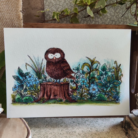 Affiche Aquarelle "Chouette sur Souche" - Illustration Animalière Magique