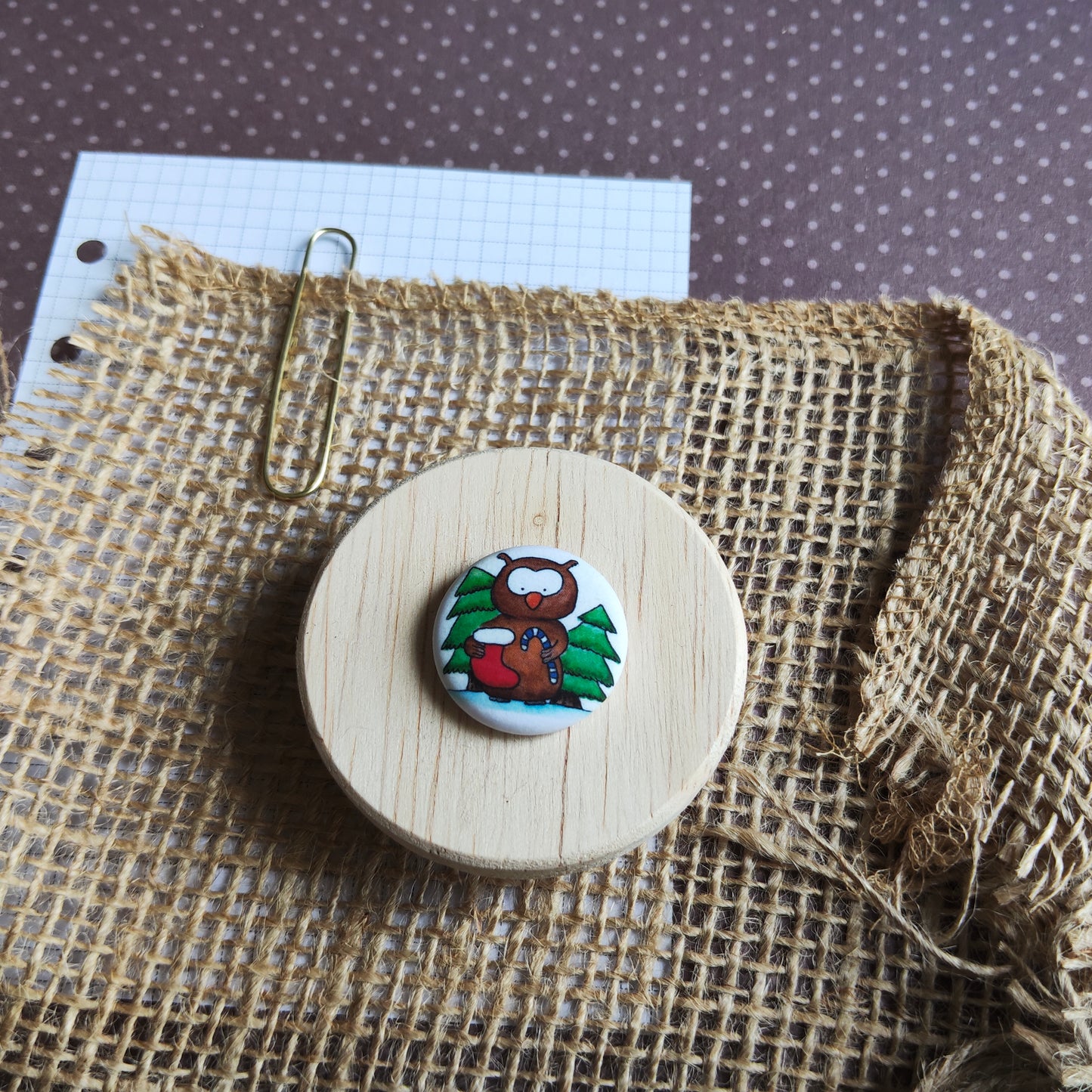 Badge Animal Mignon Hibou Arbre Sapin Fête noël hiver neige