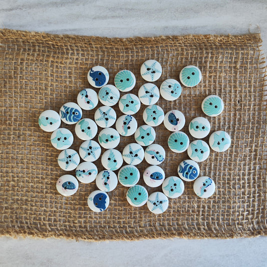 Boutons bois rond blanc animaux marin mer bleu