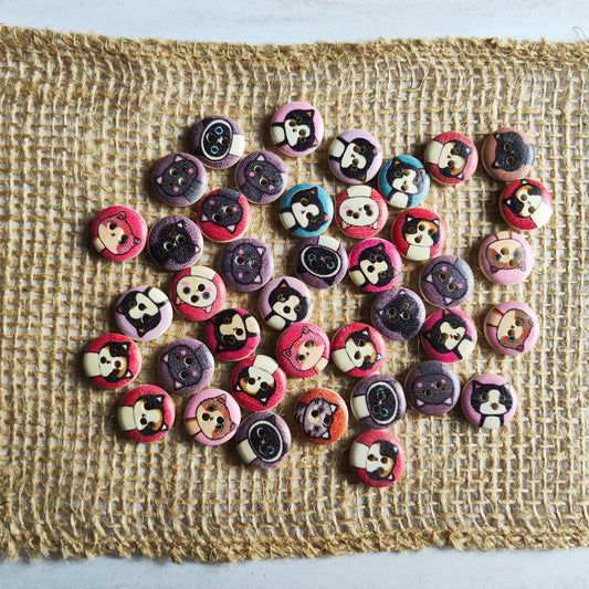 Boutons tête Chat coloré animal rond en bois