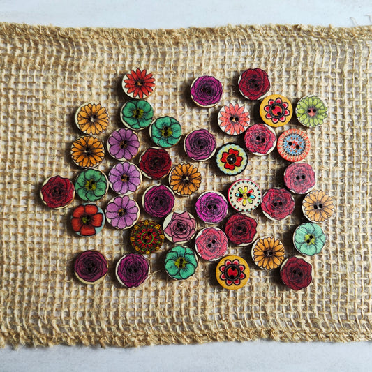 Boutons rond fleur vintage multicolore bois