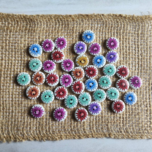 Boutons rond belle fleur multicolore bois