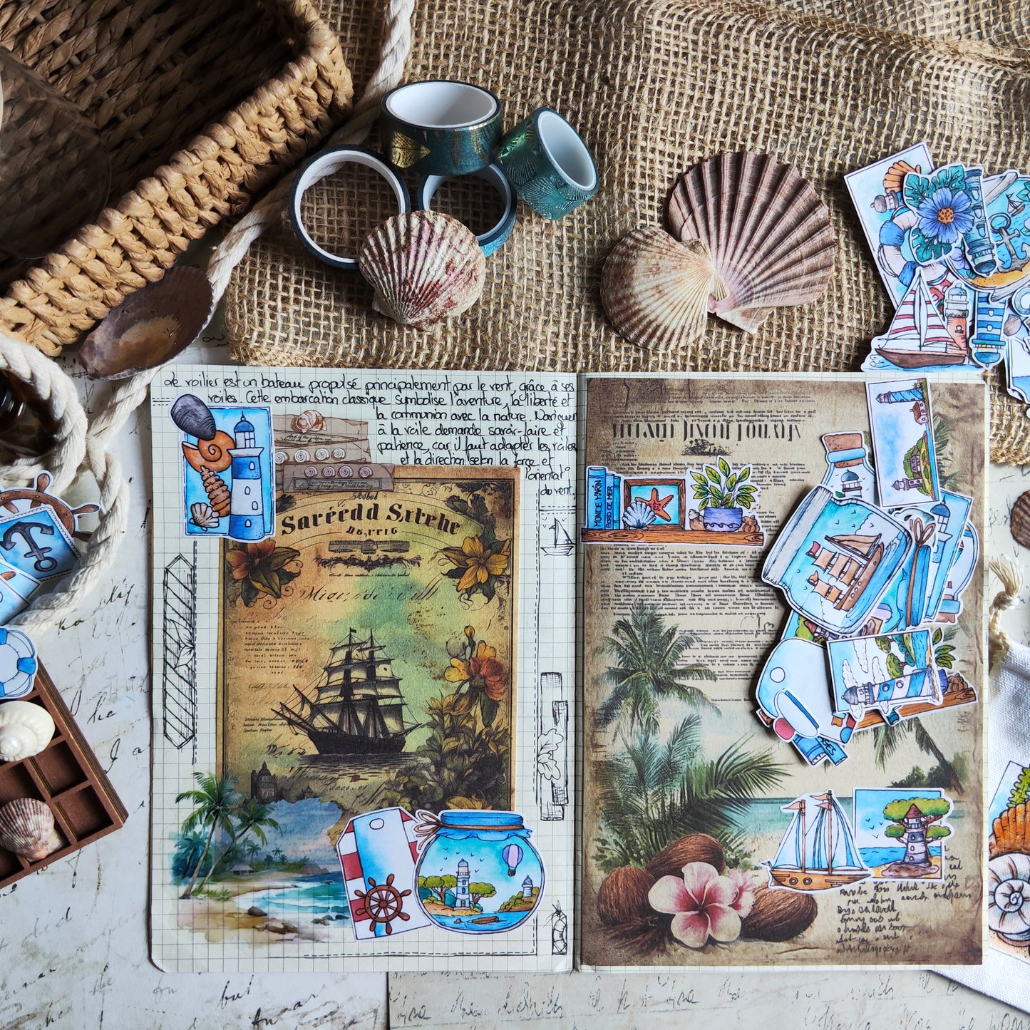 Stickers bord de mer – Lot de 40 autocollants marins à l’aquarelle - Thème océan, phares et bateaux