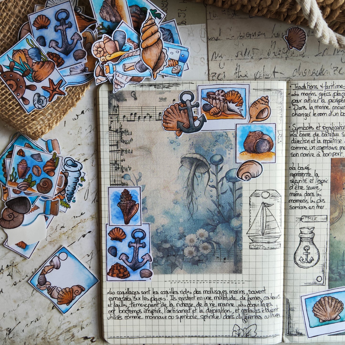 Stickers coquillages – Lot de 38 autocollants d’été à l’aquarelle - Illustrations nature et océan