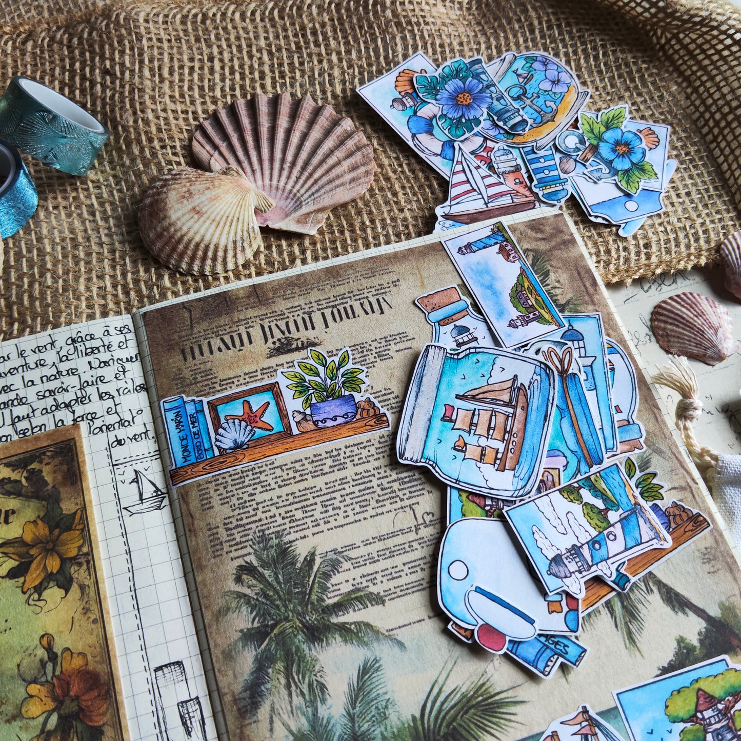 Stickers bord de mer – Lot de 40 autocollants marins à l’aquarelle - Thème océan, phares et bateaux