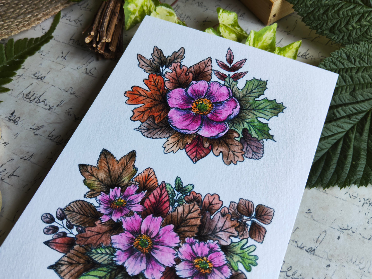Carte Fleurs Anémone – Feuilles d’Automne et Couleurs Chaudes