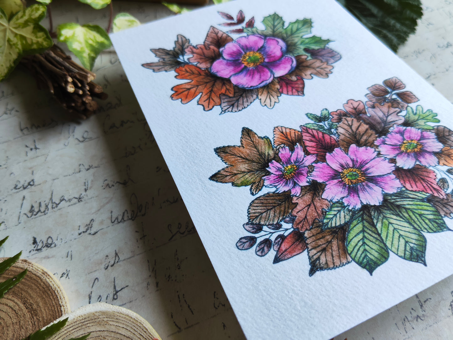 Carte Fleurs Anémone – Feuilles d’Automne et Couleurs Chaudes