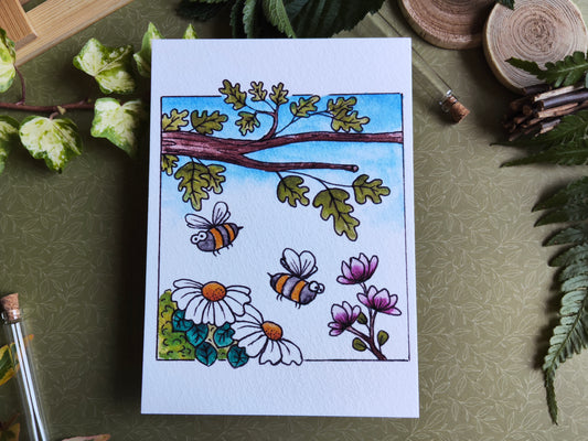 Carte Fleur et Abeille – Marguerite, Feuilles, Chêne et Nature