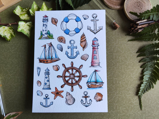 Carte Aquarelle Marin Bord de Mer Vintage
