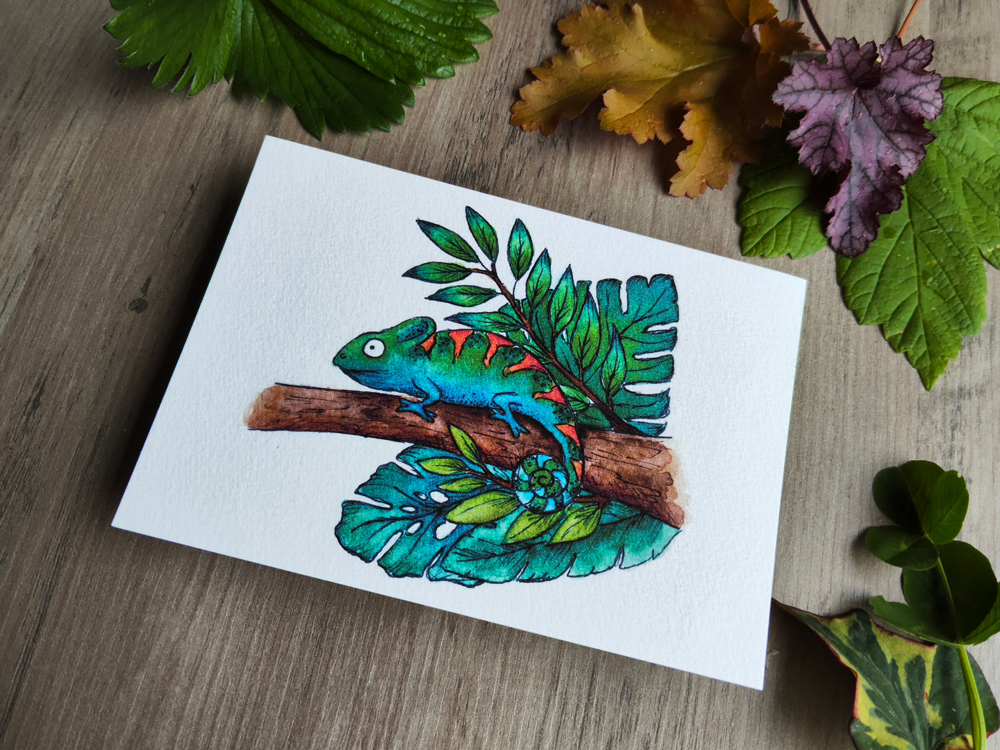Carte A6 caméléon tropical – Illustration aquarelle animal exotique et feuillage monstera